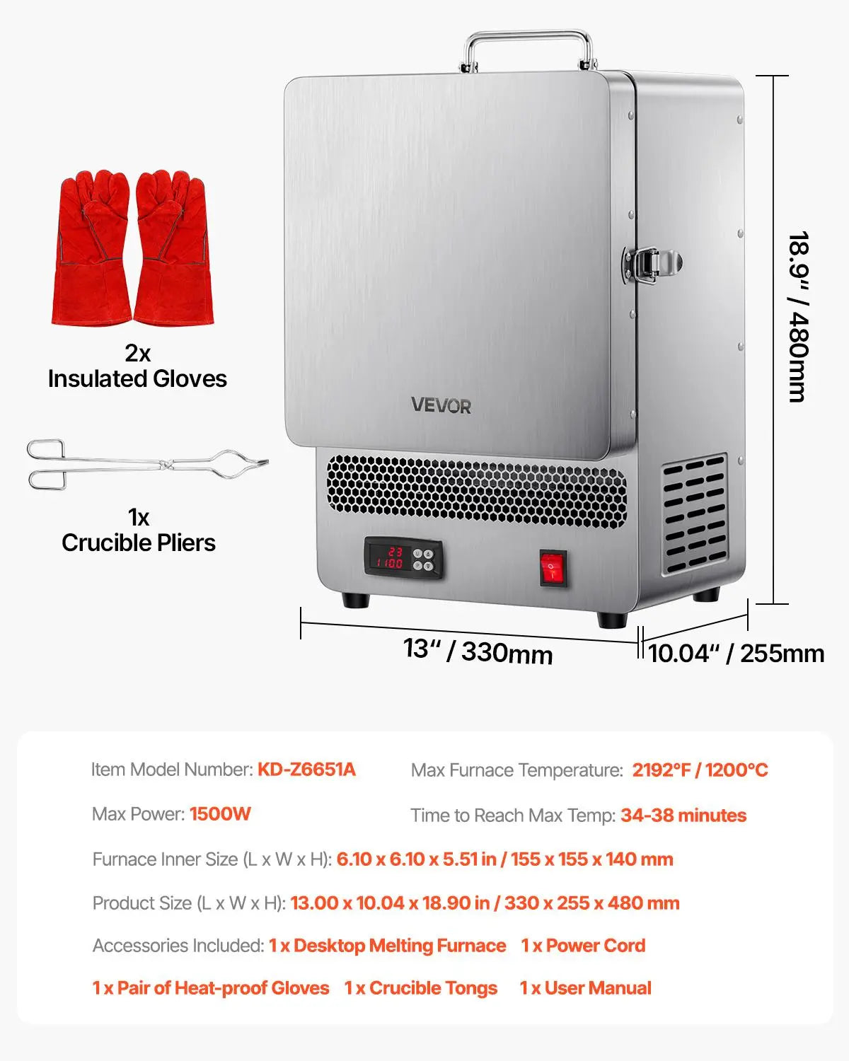 VEVOR 1500W Electric Tabletop Kiln Melter, Stainless Steel Kiln with PID Controller, Digital Temperature Control, 2192℉ Max Temp, Jewelry Cooling, Higher Yield for Hobbyists, Ideal for Ceramic Clay DIY, Lost-Wax Casting, Melts Metals