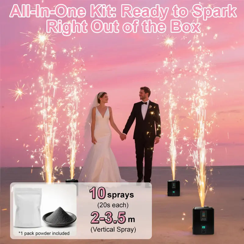 2-Pack Aluminium 650W Cold Spark Machines, 3-5m Spark Effect, Remote DMX Control, Lightweight Compact Design, 20-Second Overheat Protection, 350W Motor, Power Cord, for Weddings, Concerts, Ceremonies (2 Black Devices + 10 Packs of 50g Consumables ...