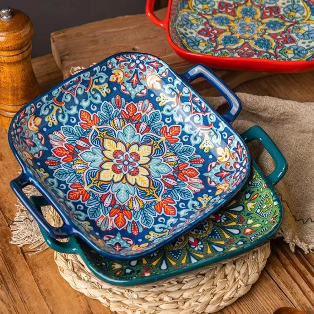 Bohemian Ceramic Square Serving Plates with Handle, 4 Counts/set Salad Plates for Home Kitchen and Dining Room Ceramics Plate #GLOBAL PICKS