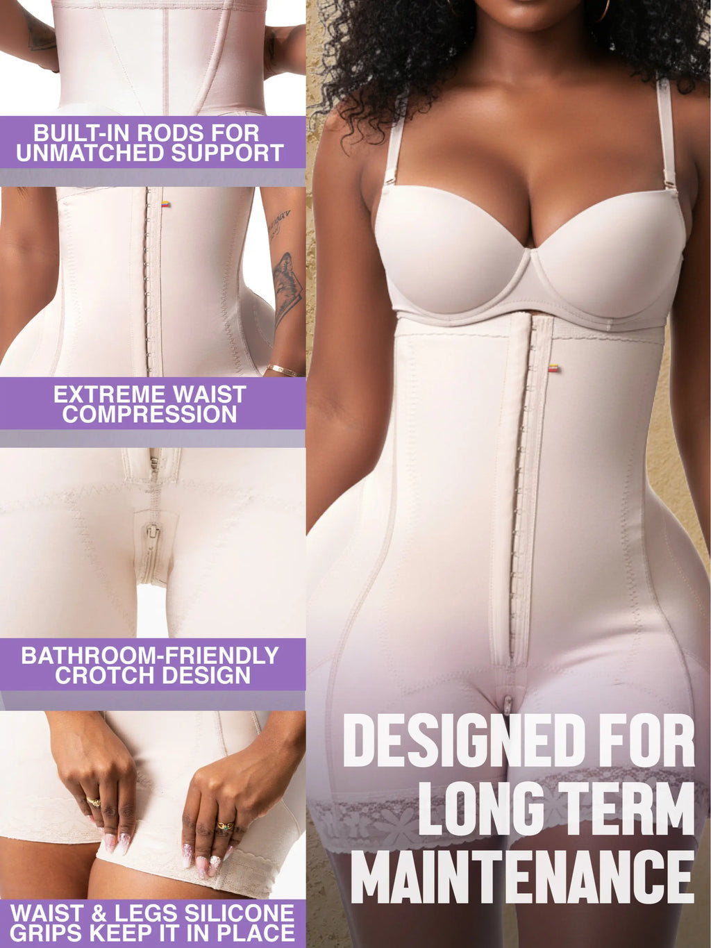 Stage 3 Strapless Colombian Faja | Powernet Waist Sculpting + Posture Rods | Hourglass Bodyshaper | High Compression Short Cut | Anti-Roll Fit | 3 Hook Levels | Snatched Body