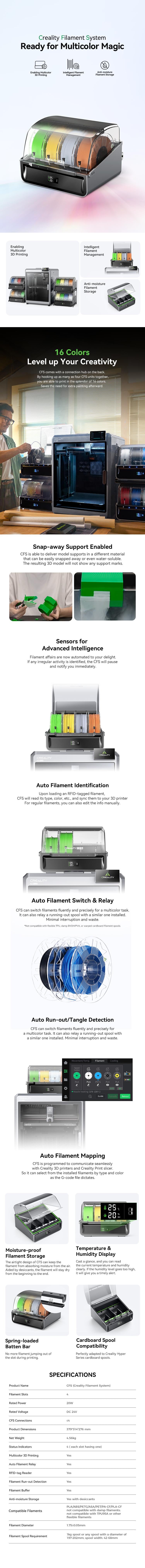 Creality CFS-16 Color Filament System Compatible with K2 Plus/Hi Series 3D Printer, Anti-Moisture Filament Storage, Supports 4 Parallel Devices for 16 Color Printing