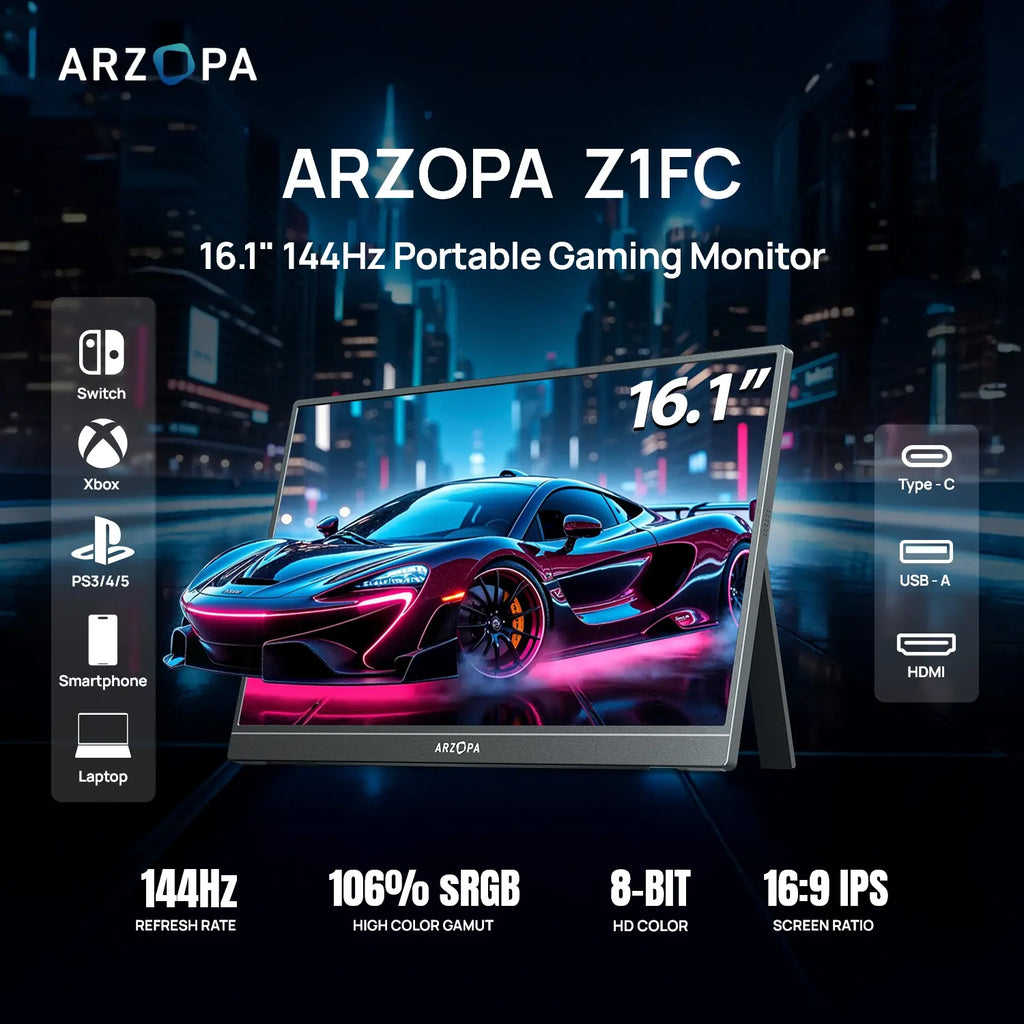 ARZOPA Z1FC, 16.1'' 144Hz Portable Gaming Monitor, 100% sRGB, 1080P FHD, Kickstand Portable Monitor, External Second Screen for PS5 Xbox Laptop PC Switch