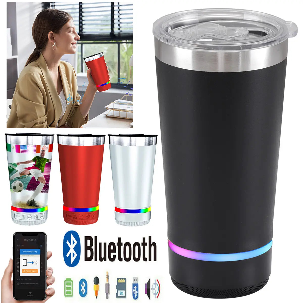 16oz Stainless Steel Insulated Travel Tumbler Mug with Built-in Bluetooth Speaker, Portable Rechargeable Multi-Color LED Party Lights, FM Radio, Ideal for Home, Outdoors, Great Gift for Adults
