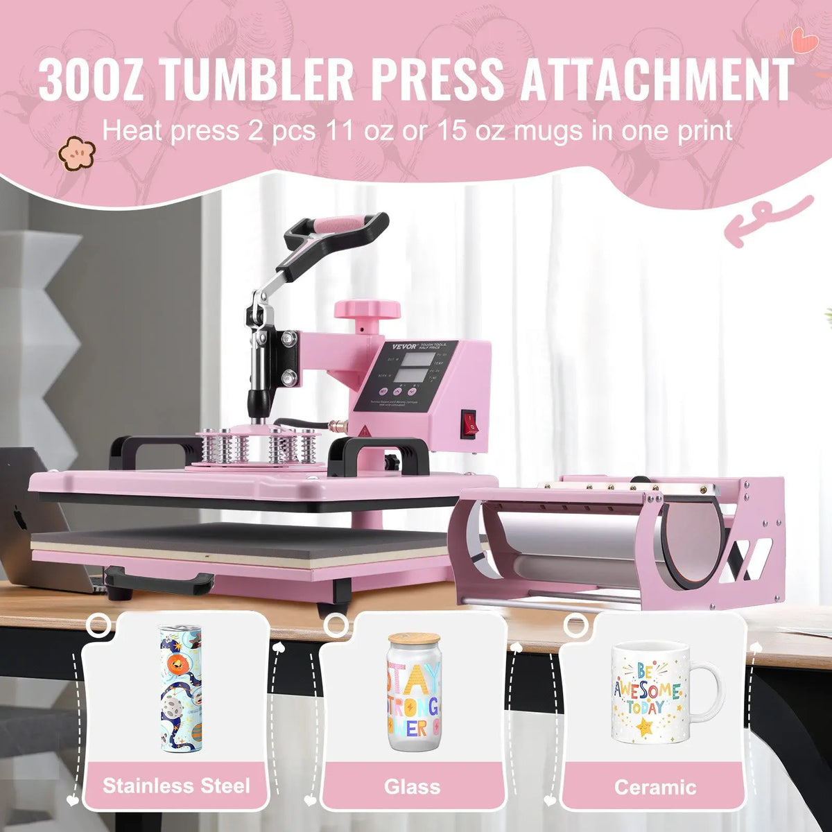VEVOR Heat Press Machine, 12x 15 inch, 5 in 1 Heat Transfer Machine with 30 oz Tumbler Press, 360 Swing Away T-Shirt Pressing, Digital Precise Control, for T-Shirts/Mugs/Hats/Plates, Pink, 5-In-1 Combo