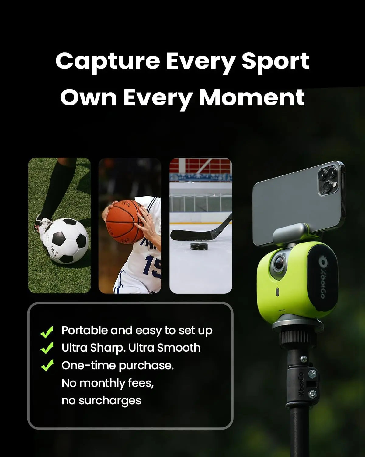 XbotGo Chameleon AI Auto Sports Action Camera - 4K 60FPS, AI Tracking, Bluetooth, CMOS Sensor, MP4 File, Soccer Focus, Team Sports Camera, Live Streaming, No Subscription, iOS & Android Compatible (Lemon Green)