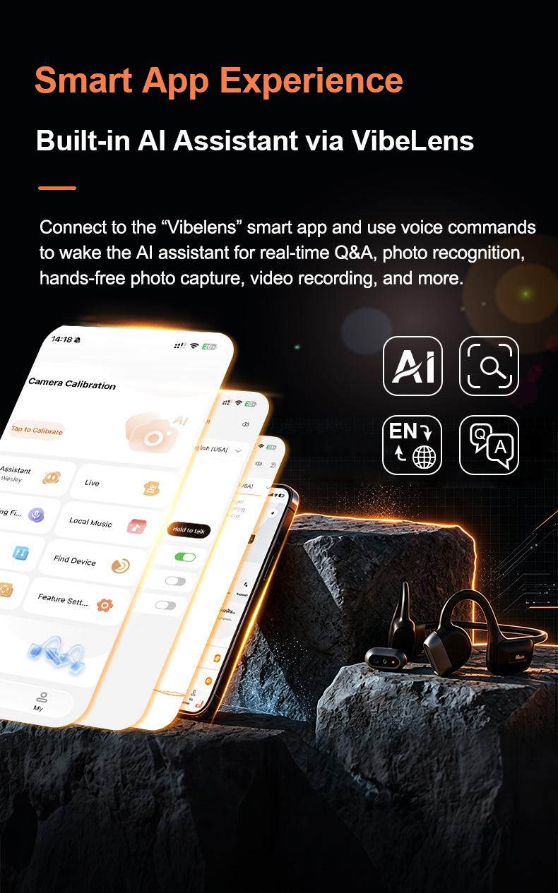 VibeLens Bone Conduction Headphones with 4K POV Camera, Hands-Free POV Video Recording, 6-Axis Image Stabilization, Open-Ear Bluetooth Sports Headset with AI Voice Assistant, Offline Music Playback, IP68 Waterproof for Swimming, Cycling and Travel