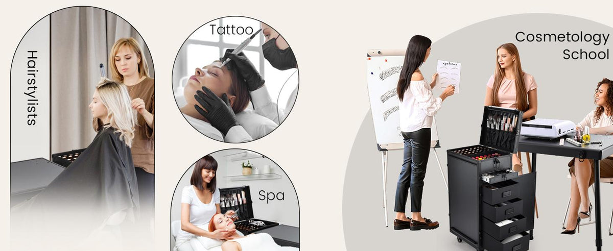 Rolling Manicure Table Foldable Nail Table Makeup Train Case on Wheels Cosmetic Trolley with 5 Drawers & Brush Pouch for Technician Workstation Salon
