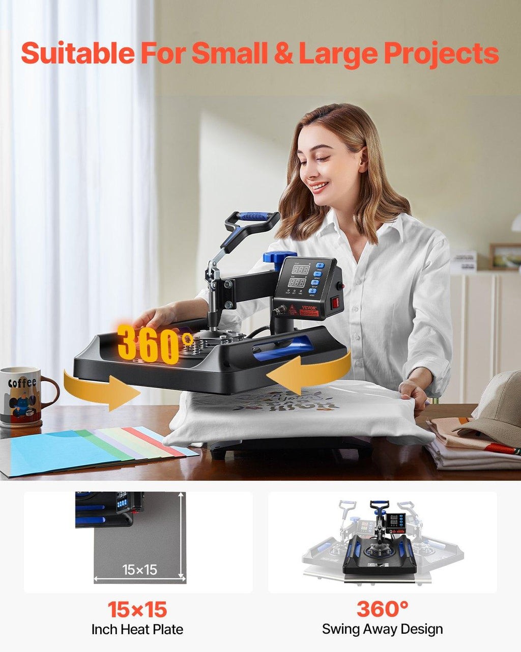 VEVOR 5-in-1 Heat Press Kit, 15x15in 360° Swing Away Hand Tool, 1000W Digital Display Control, Quick Heating, Anti-Burn Safety, Non-Stick Coated, 20.07x15.75x18.51in, Ideal for T-Shirts, Hats, Caps, Mugs