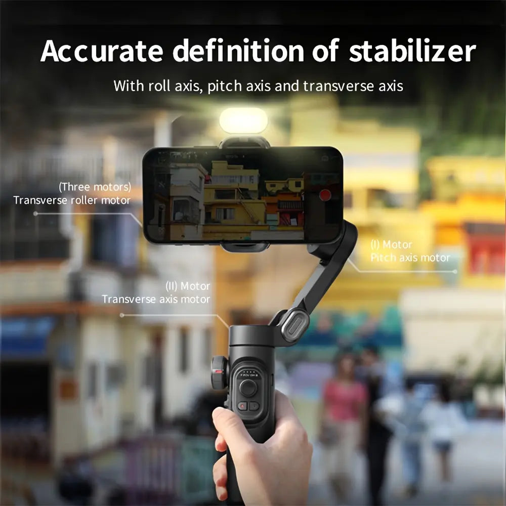 The AOCHUAN Smart XE Is a Compact And Foldable Gimbal Stabilizer Featuring Three-Axis Stabilization And Anti-Shake Technology. It Includes a Built-In RGB Seven-Color Magnetic Fill Light And Offers 360-Degree Rotation with AI Automatic Face Tracking