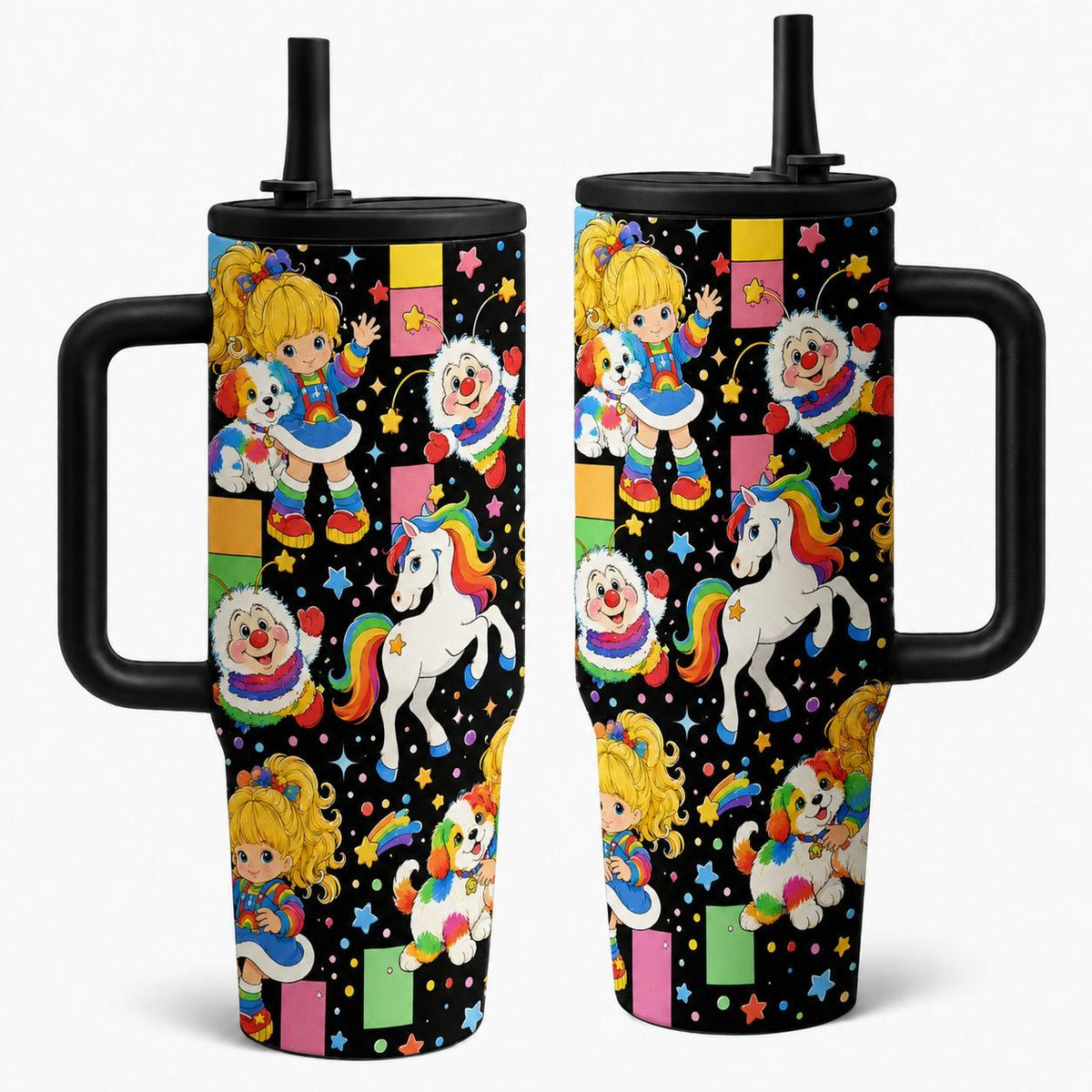 1pc 40oz Vintage Rainbow Brite Cartoon Insulated Drink Tumbler with Handle and Straw, Black Background 80s Retro Rainbow Pony Seamless Print Insulated Travel Mug, Drinkware Tumbler, Large Capacity Stainless Steel Water Cup for Nostalgic Fans Birth...