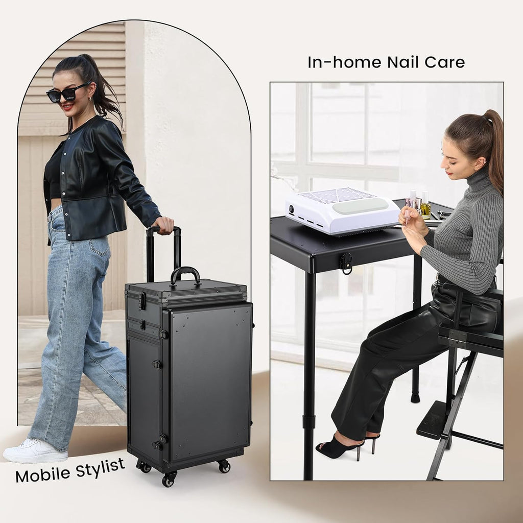Rolling Manicure Table Foldable Nail Table Makeup Train Case on Wheels Cosmetic Trolley with 5 Drawers & Brush Pouch for Technician Workstation Salon