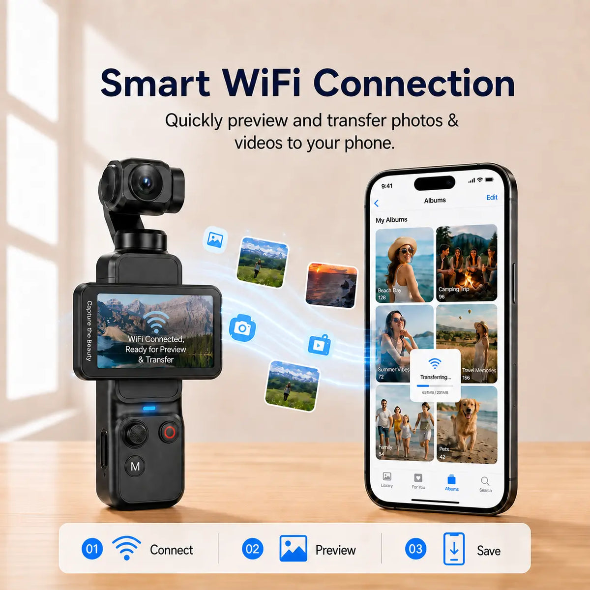 W&O Vlogging Camera, 5K Pocket Digital Camera with Face Tracking, 2.29“ Touch Screen Camera, 2-Axis Pan Tilt Gimbal, Rotating Touchscreen, WiFi App, Small Camera for Photography, Travel & Beginner Creators