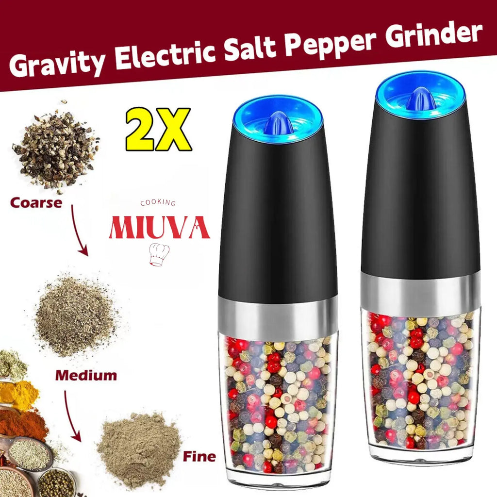 MIUVA 2 Pack Automatic Gravity Electric Salt and Pepper Grinder Mill Shaker Adjustable Suitable for summer Kitchen tools Christmas Gift Thanksgiving tableware Value Pack