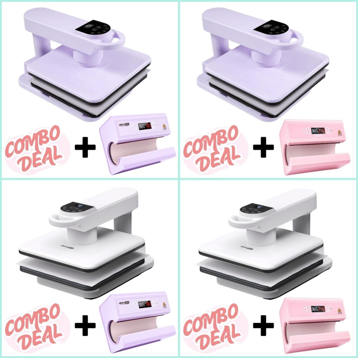 AKEYDIY Automatic Bundle Heat Press Machine Combo for Business - 15x15 Auto Unit, Digital Mug Unit, Sublimation Papers, DTF Stickers, Tape, Gloves with Custom Printing, Heat Transfer Capabilities