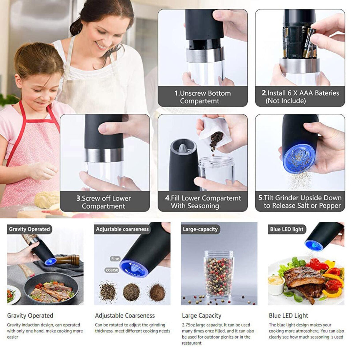 MIUVA 2 Pack Automatic Gravity Electric Salt and Pepper Grinder Mill Shaker Adjustable Suitable for summer Kitchen tools Christmas Gift Thanksgiving tableware Value Pack