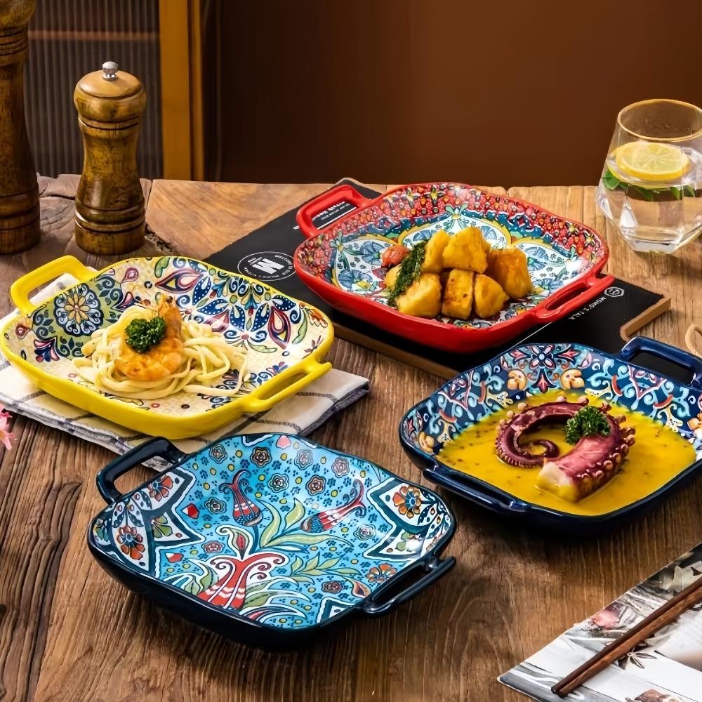 Bohemian Ceramic Square Serving Plates with Handle, 4 Counts/set Salad Plates for Home Kitchen and Dining Room Ceramics Plate #GLOBAL PICKS