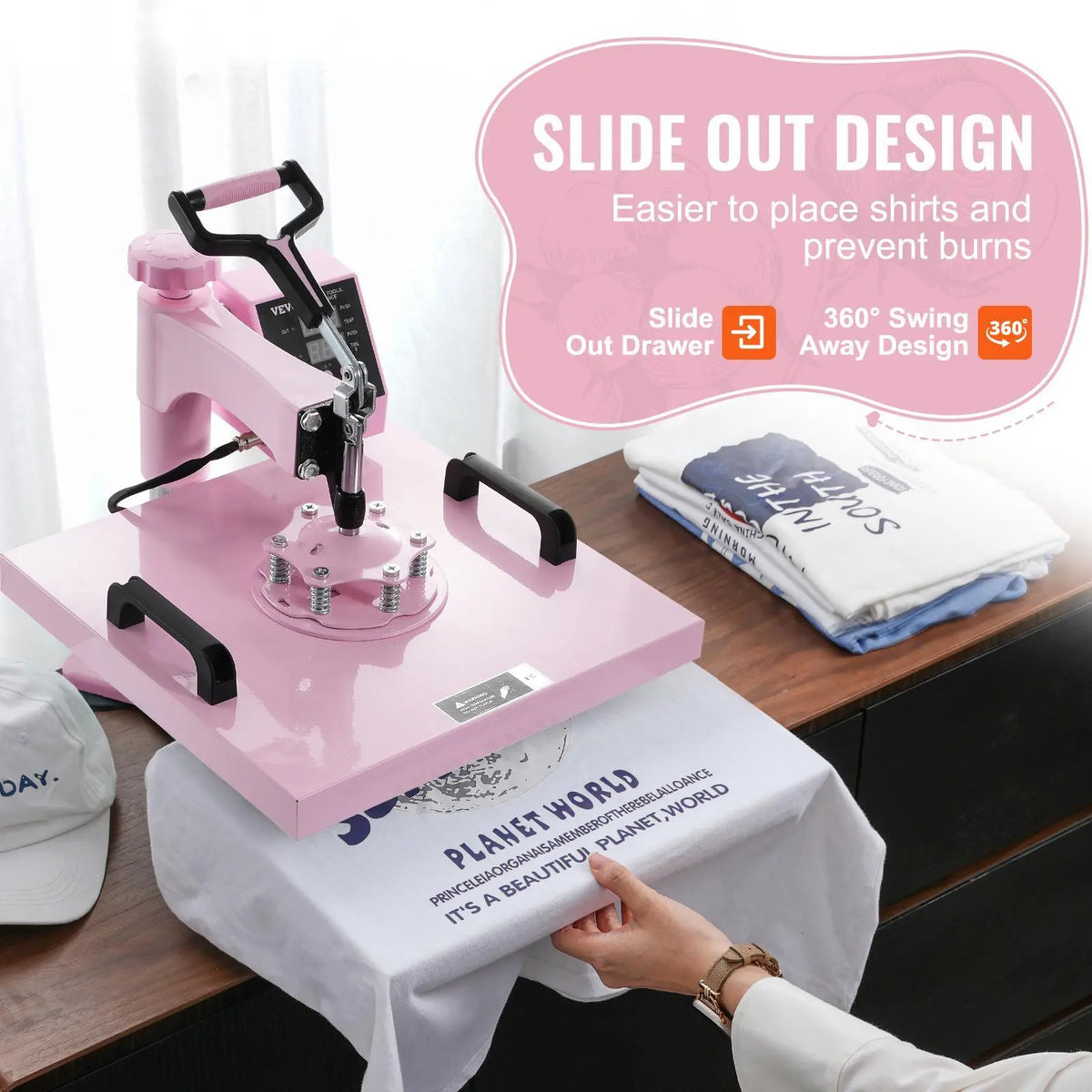 VEVOR 5-in-1 Heat Press Machine - 15x15 inch Household Home Appliances, 30oz Tumbler Press, Swing-Away Arm, 360° Rotation, Digital Control, Dual Insulated, 0-250℃, for T-Shirts/Hats, Pink, Tool Upgrade