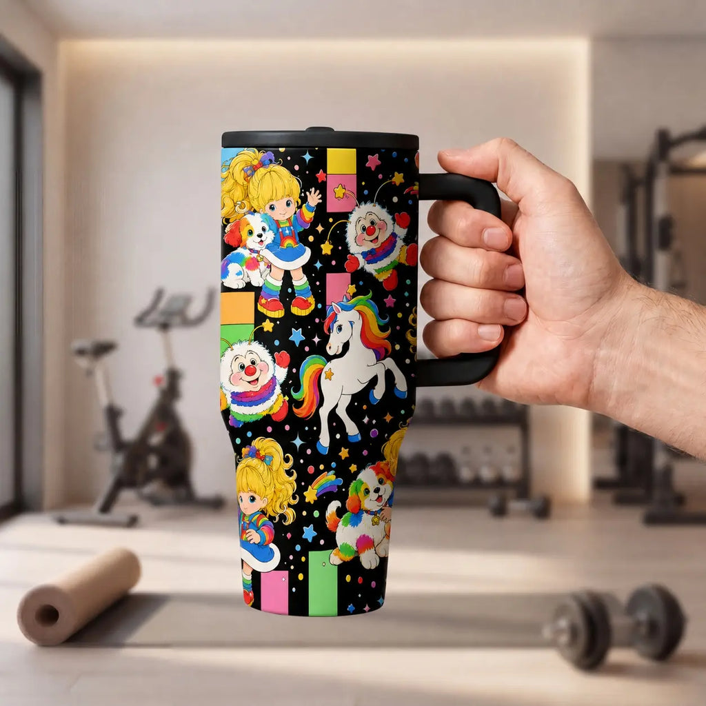 1pc 40oz Vintage Rainbow Brite Cartoon Insulated Drink Tumbler with Handle and Straw, Black Background 80s Retro Rainbow Pony Seamless Print Insulated Travel Mug, Drinkware Tumbler, Large Capacity Stainless Steel Water Cup for Nostalgic Fans Birth...