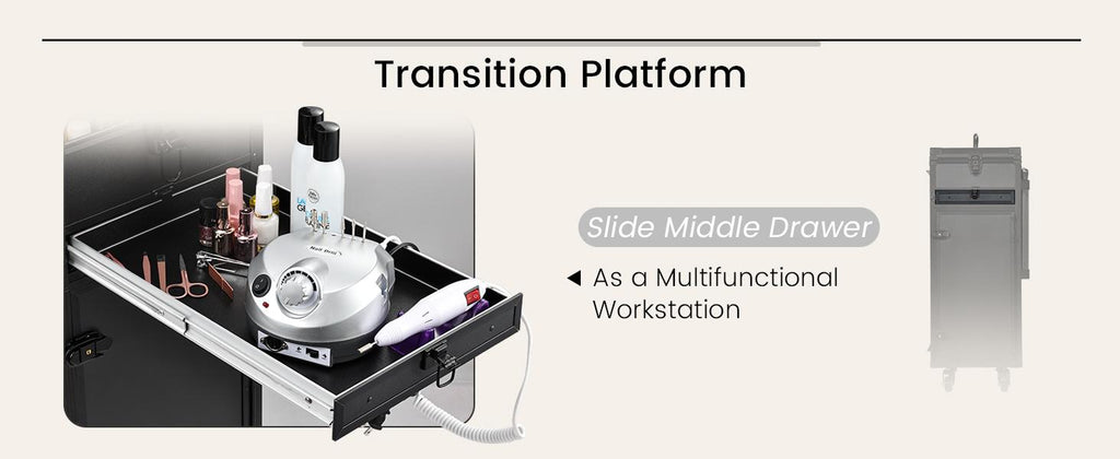 Rolling Manicure Table Foldable Nail Table Makeup Train Case on Wheels Cosmetic Trolley with 5 Drawers & Brush Pouch for Technician Workstation Salon