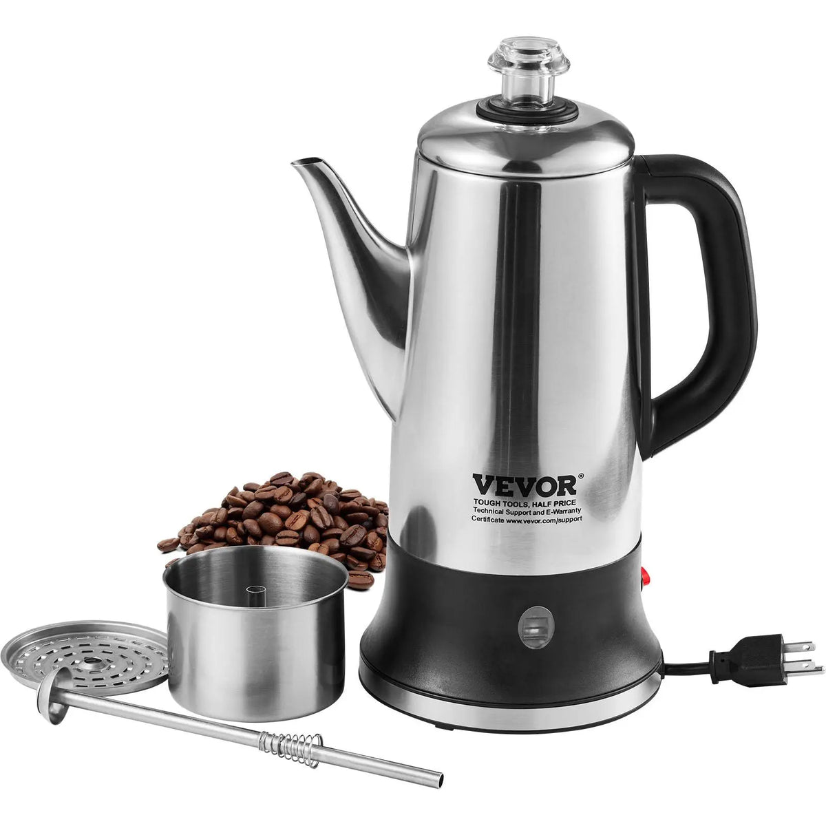 VEVOR 12-Cup 304 Stainless Steel Electric Percolator Coffee Pot - Coffee Brewer with Corrosion Resistance, Keep-Warm Function, Heat Resistant Handle, Easy-Pour Spout, Quick Brew for Kitchens, Dining Rooms