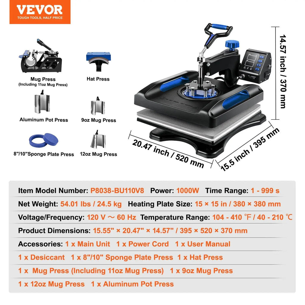 【Fallpicks】VEVOR 800W 15x15 Inch 8-in-1 Versatile Kit Heat Press Machine, 360° Rotation Swing-Away Design, Dual-Tube Heating Sublimation Iron for DIY T-Shirts, Aluminum Pots