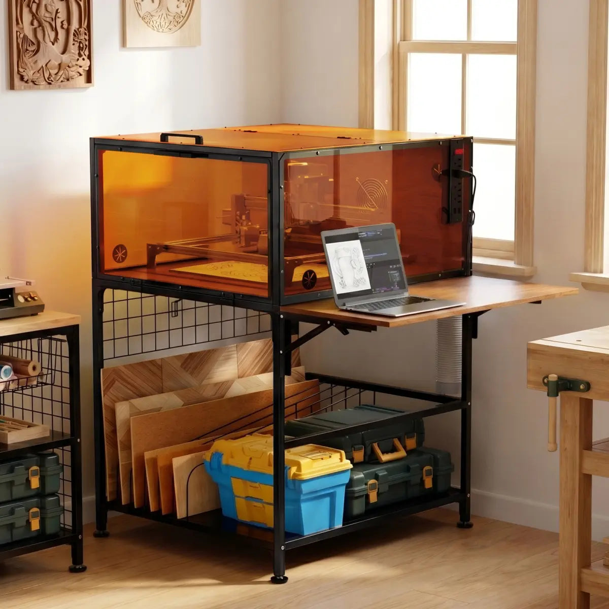 Indoor Metal Frame Laser Engraver Enclosure Cabinet (W26xD29xH14"), 6000 RPM Ventilation Fan, Power Strip, Foldable Side Panels, Storage, Eye Protection for Home Users’ Engraving Work & Most Laser Cutters, 58.20 Lbs
