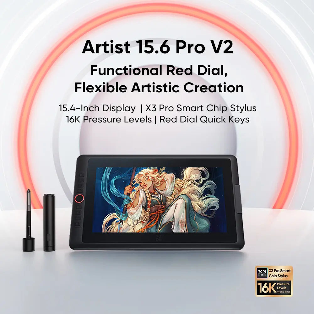 XPPen Artist 15.6 Pro V2 15.4-in Digital Drawing & Writing Tablet with X3 Pro Stylus (16384 Pressure Levels, 60° Tilt), Red Dial, Full-Lamination, Anti-Glare Film, Adjustable Stand, 3-in-1 Cable for PC, Mac, Linux, Android Devices (Port, Chip Incl...