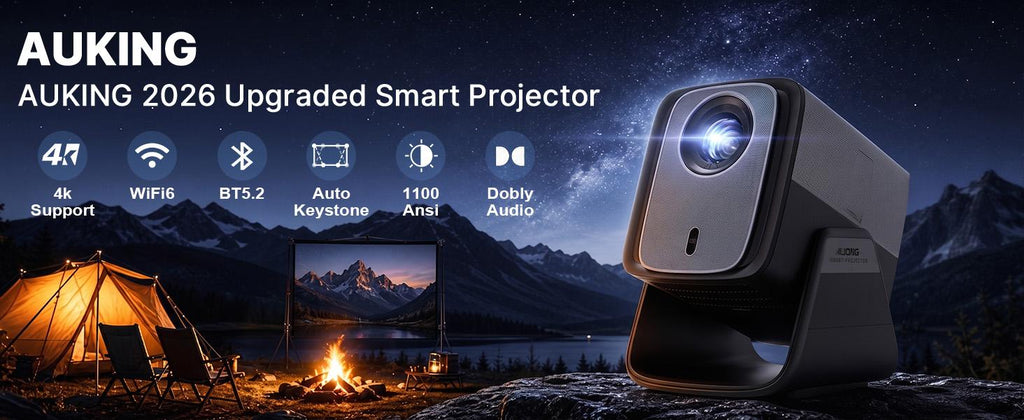AuKing Smart Portable Projector - 1100 ANSI Lumens, Auto Focus in Secs, Auto Keystone, Dolby Audio, WiFi 6, Bluetooth 5.0, 50% Zoom, Netflix/YouTube Streaming, 2-Year Warranty + 1V1 Support, Gaming Projector, for Bedroom & Backyard Outdoor Use,soh...