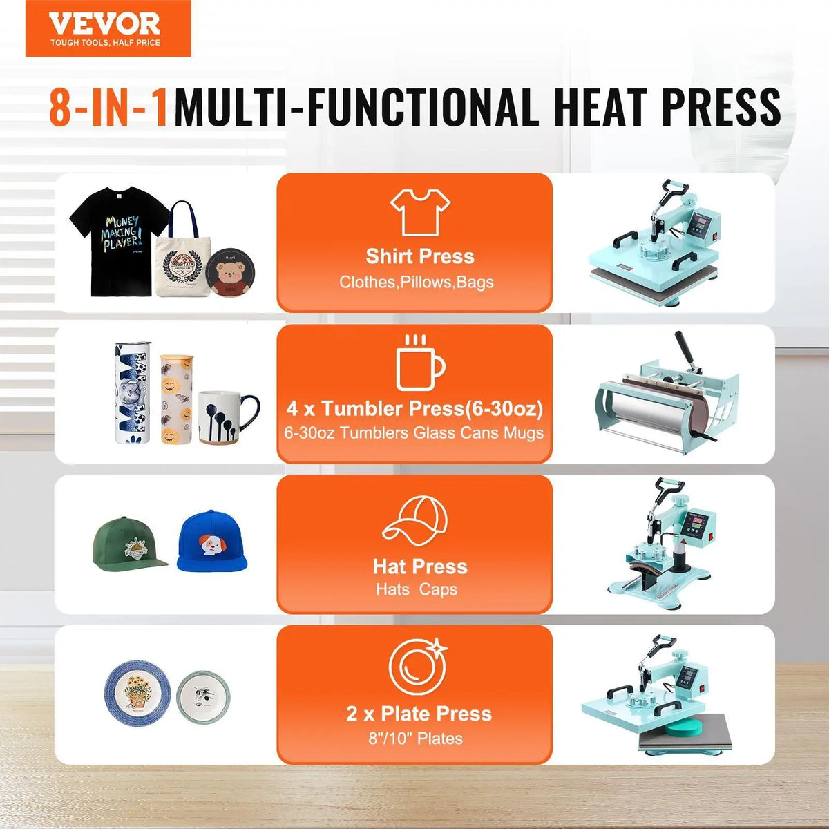 【Fallpicks】VEVOR 8-in-1 Multifunctional Heat Press Machine, 15x15 in, 6-30oz Tumbler Attachment, 360° Swing-Away Design, Digital Temp Control, Dual Insulated, Safe Pullout Drawer, for T-Shirts/Mugs, Green, Ideal for Beginners
