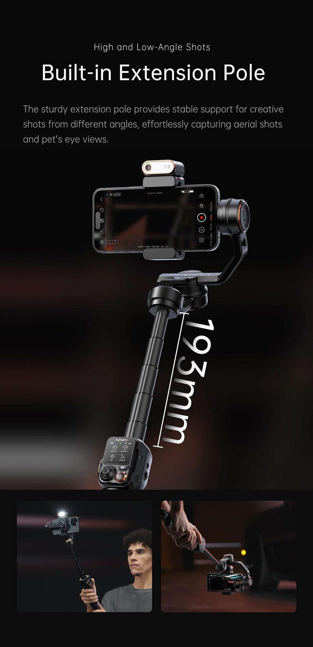 Hohem iSteady M7 Kit 3-Axis Camera Gimbal Stabilizer for iPhone/Android Smartphones, Mobile Phone Accessory for Content Creators with Magnetic Fill Light, AI Tracking Sensor, 1/4-inch Color Touchscreen Display, Detachable Remote, 500g Max Payload