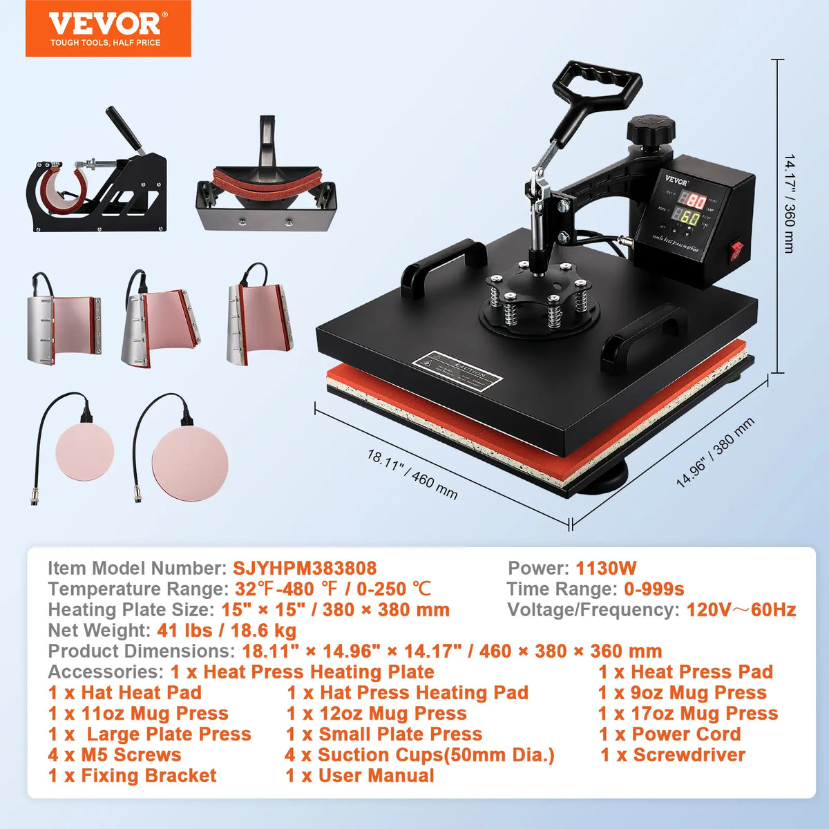 VEVOR 8-in-1 Digital Heat Press Machine with Digital Control, 15"x15" LCD Screen Sublimation Transfer Printer, 360° Swing Arm, Adjustable Spring Plate, Thermostable Sponge for DIY T-Shirts, Mugs, Caps, DIY Craft Supplies, Patterns, Numbers, Tool U...