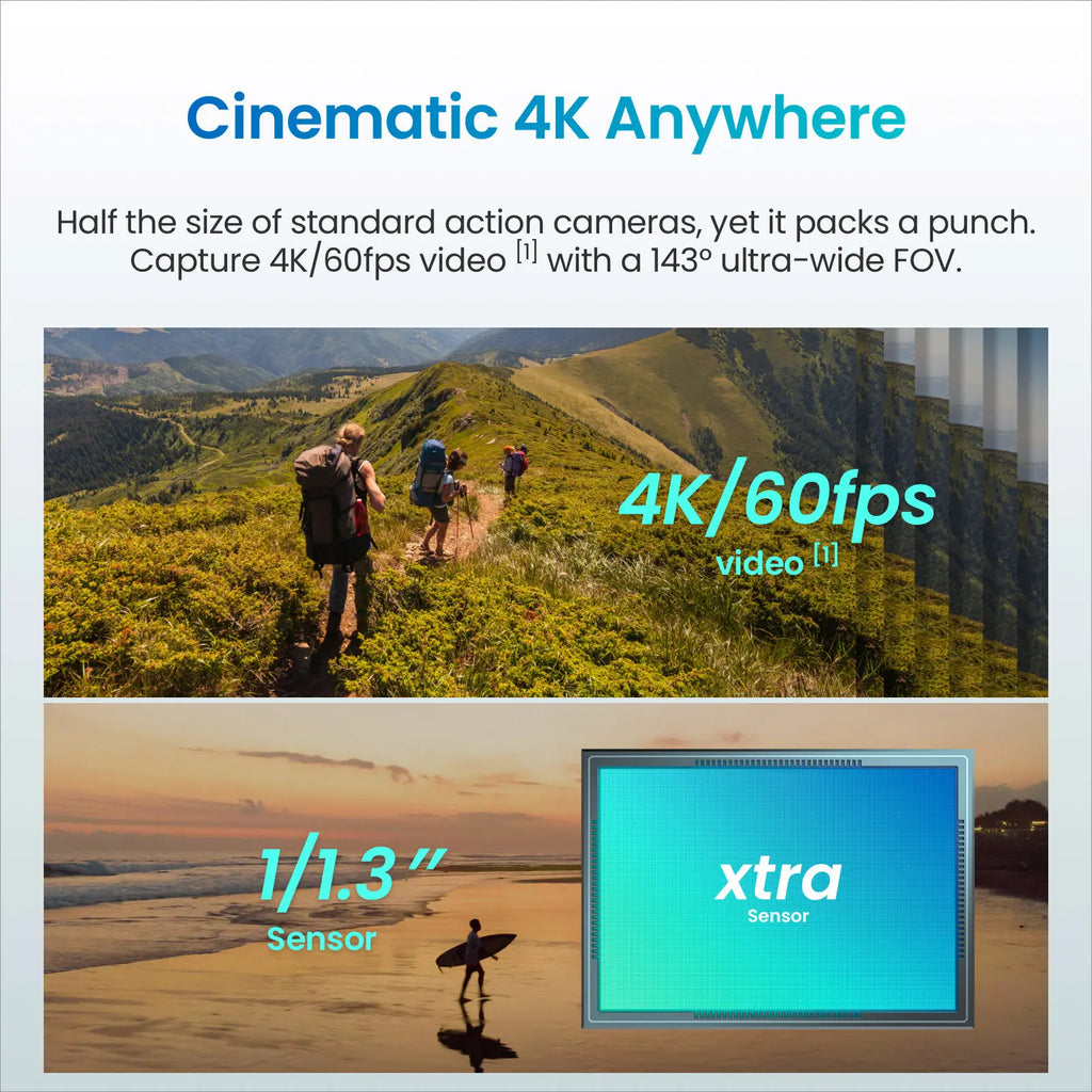 Xtra Atto Wearable 4K Action Camera, 54 g, Light and Compact, 1/1.3″ Sensor, 4K/60fps Video, 220‑Min Max Recording, 5-Min Pre-Recording, Built-in Stabilization, 128GB Storage, 600MB/s Fast Transfer