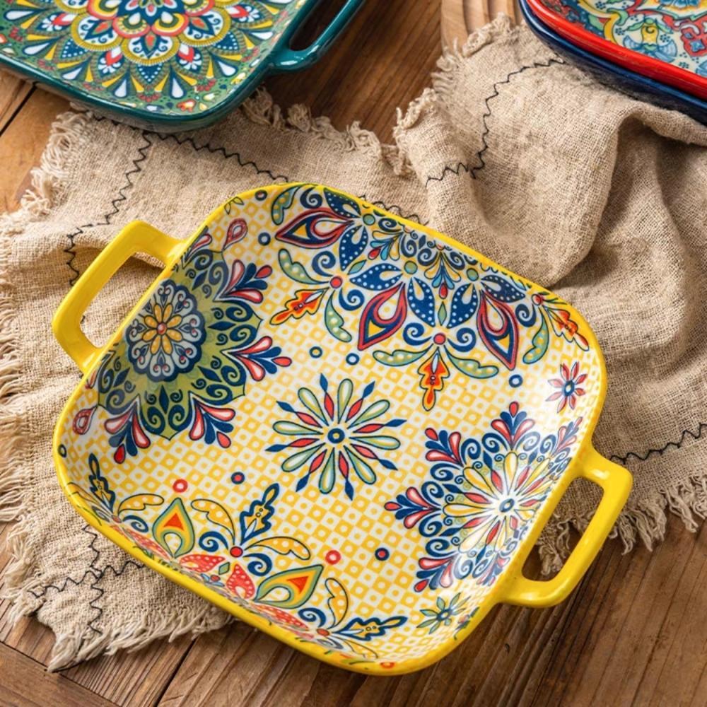 Bohemian Ceramic Square Serving Plates with Handle, 4 Counts/set Salad Plates for Home Kitchen and Dining Room Ceramics Plate #GLOBAL PICKS