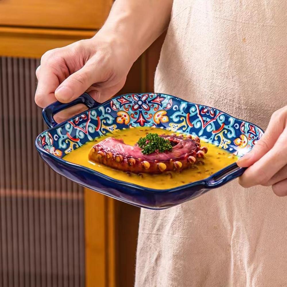 Bohemian Ceramic Square Serving Plates with Handle, 4 Counts/set Salad Plates for Home Kitchen and Dining Room Ceramics Plate #GLOBAL PICKS
