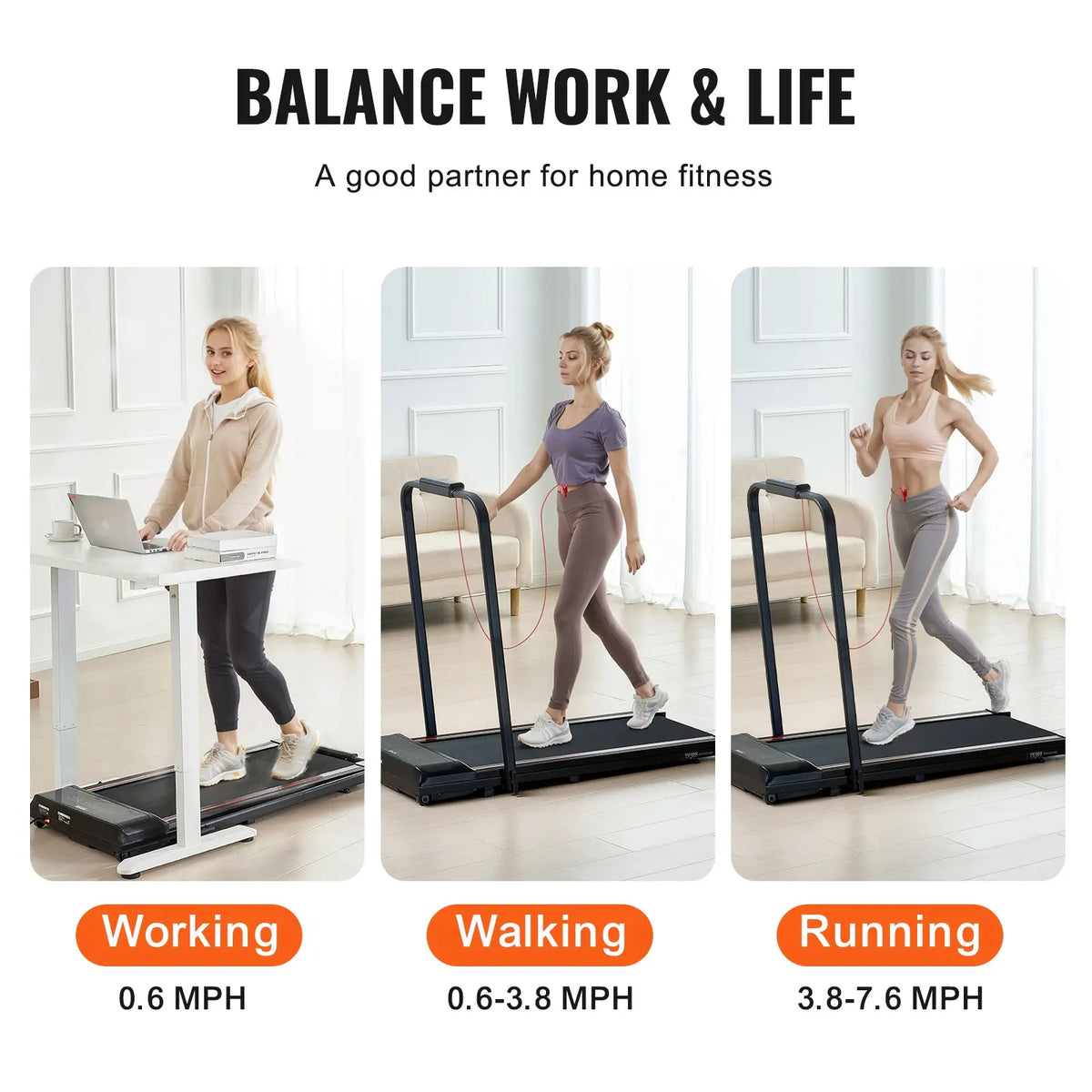 【toolupgrade】VEVOR 2-in-1 Under Desk Treadmill, 15.6"x42"/396x1065 mm Anti-Slip Surface Belt, 2.5HP Motor, 0.6-7.6 mph Walking/Run Speed, Shock Absorb, Collapseable Portable Pad, Handle Bar, Remote Control, LED Display, 265 Lbs Capacity for Home O...