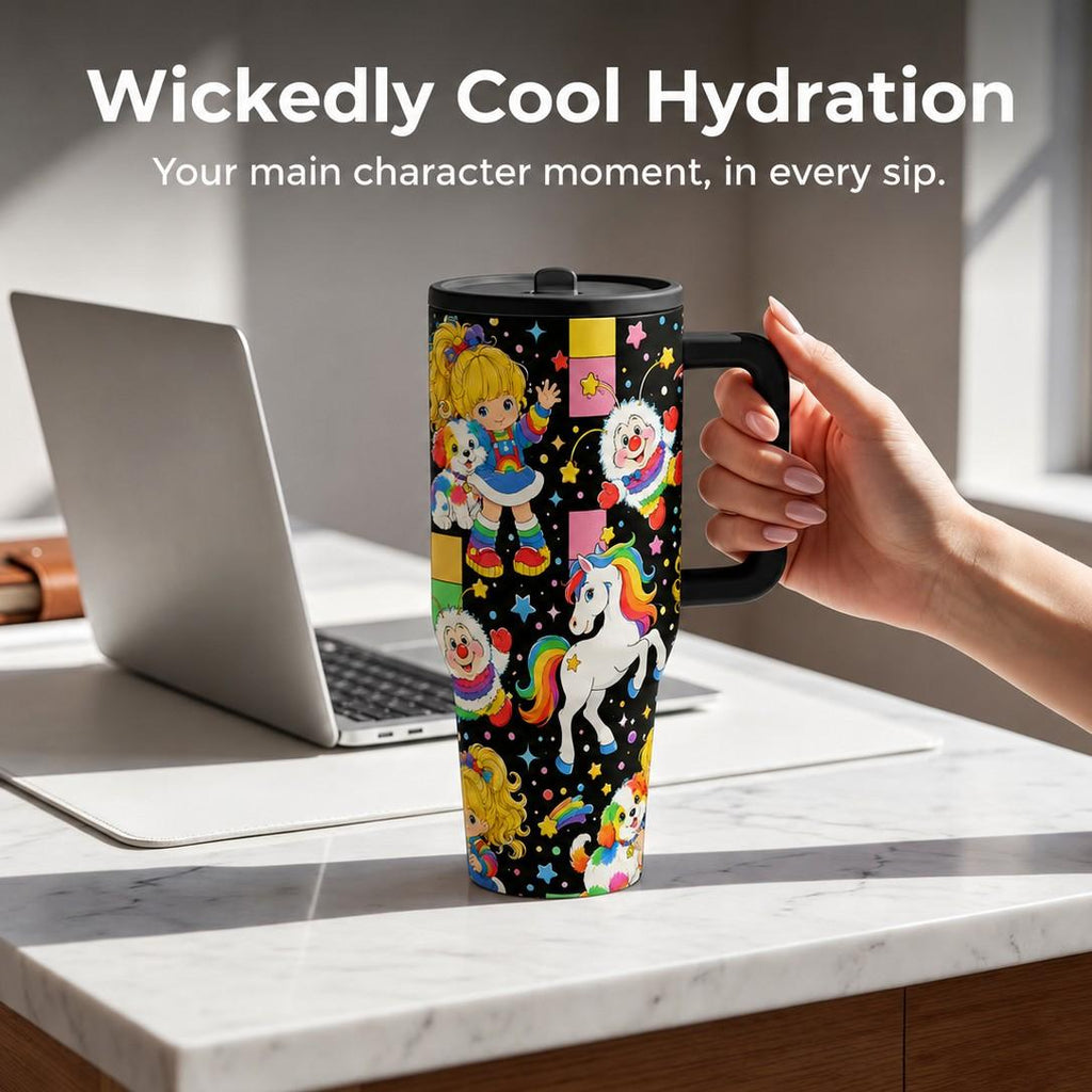 1pc 40oz Vintage Rainbow Brite Cartoon Insulated Drink Tumbler with Handle and Straw, Black Background 80s Retro Rainbow Pony Seamless Print Insulated Travel Mug, Drinkware Tumbler, Large Capacity Stainless Steel Water Cup for Nostalgic Fans Birth...