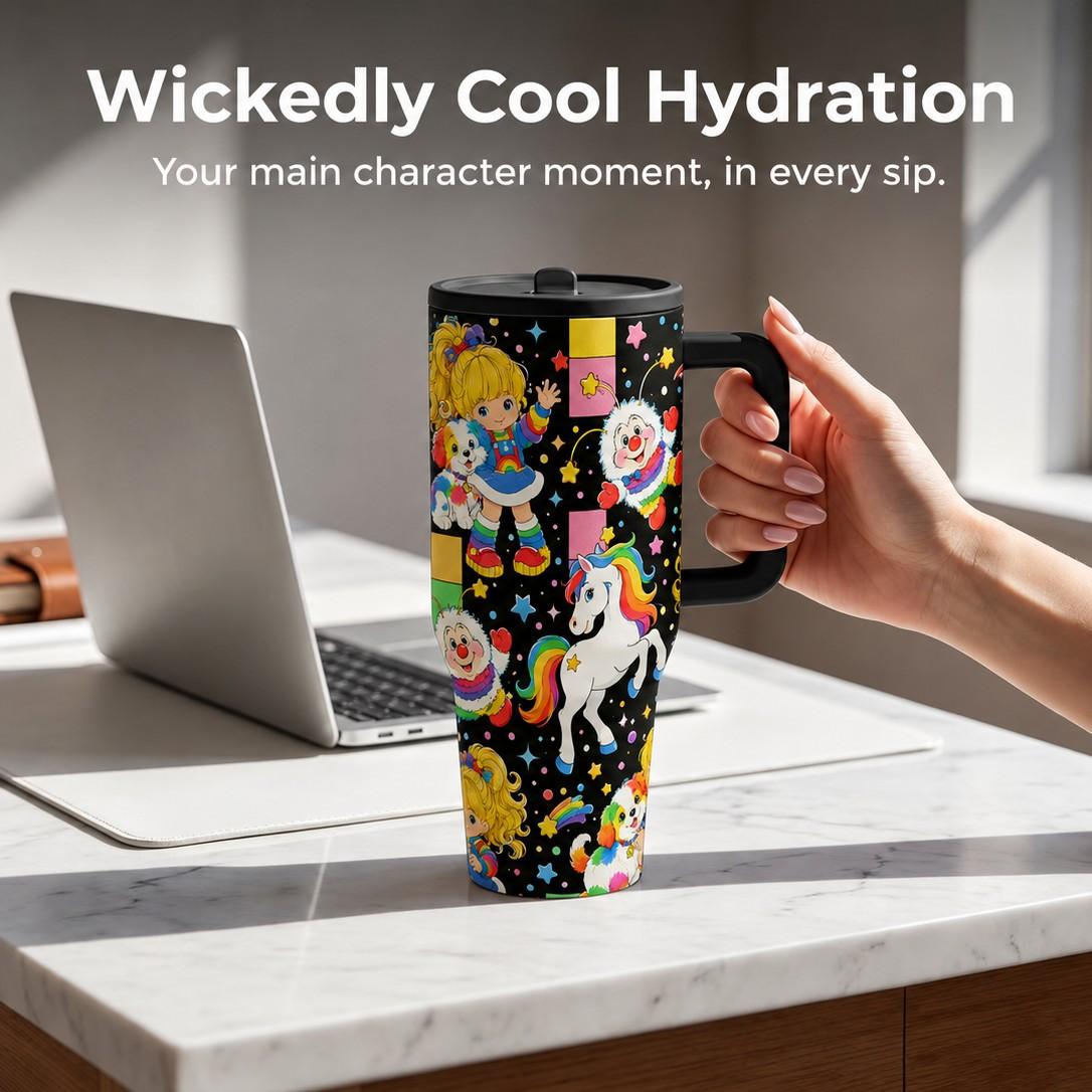 1pc 40oz Vintage Rainbow Brite Cartoon Insulated Drink Tumbler with Handle and Straw, Black Background 80s Retro Rainbow Pony Seamless Print Insulated Travel Mug, Drinkware Tumbler, Large Capacity Stainless Steel Water Cup for Nostalgic Fans Birth...