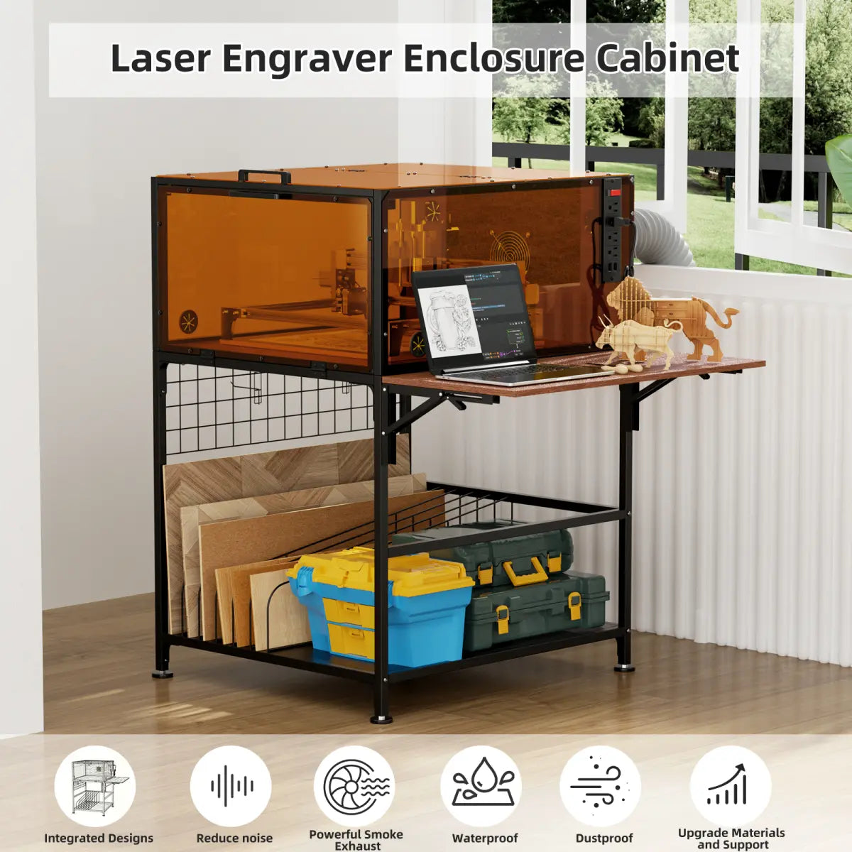 Indoor Metal Frame Laser Engraver Enclosure Cabinet (W26xD29xH14"), 6000 RPM Ventilation Fan, Power Strip, Foldable Side Panels, Storage, Eye Protection for Home Users’ Engraving Work & Most Laser Cutters, 58.20 Lbs