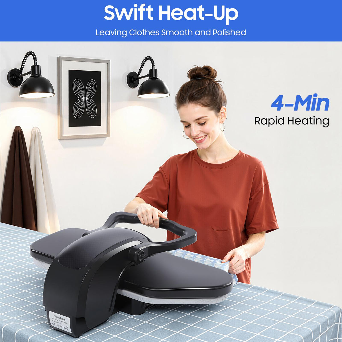 1600W 5-in-1 Corded Steaming Iron - Aluminum Build, 4 Mins Fast Warm-Up, 1.7M/ 5.58 Ft Cord, 1 Intelligent Steam Press, 1 Pressing Cushion, Spray Bottle Included - Tabletop Use for Clothing Shop, Households,sohochic