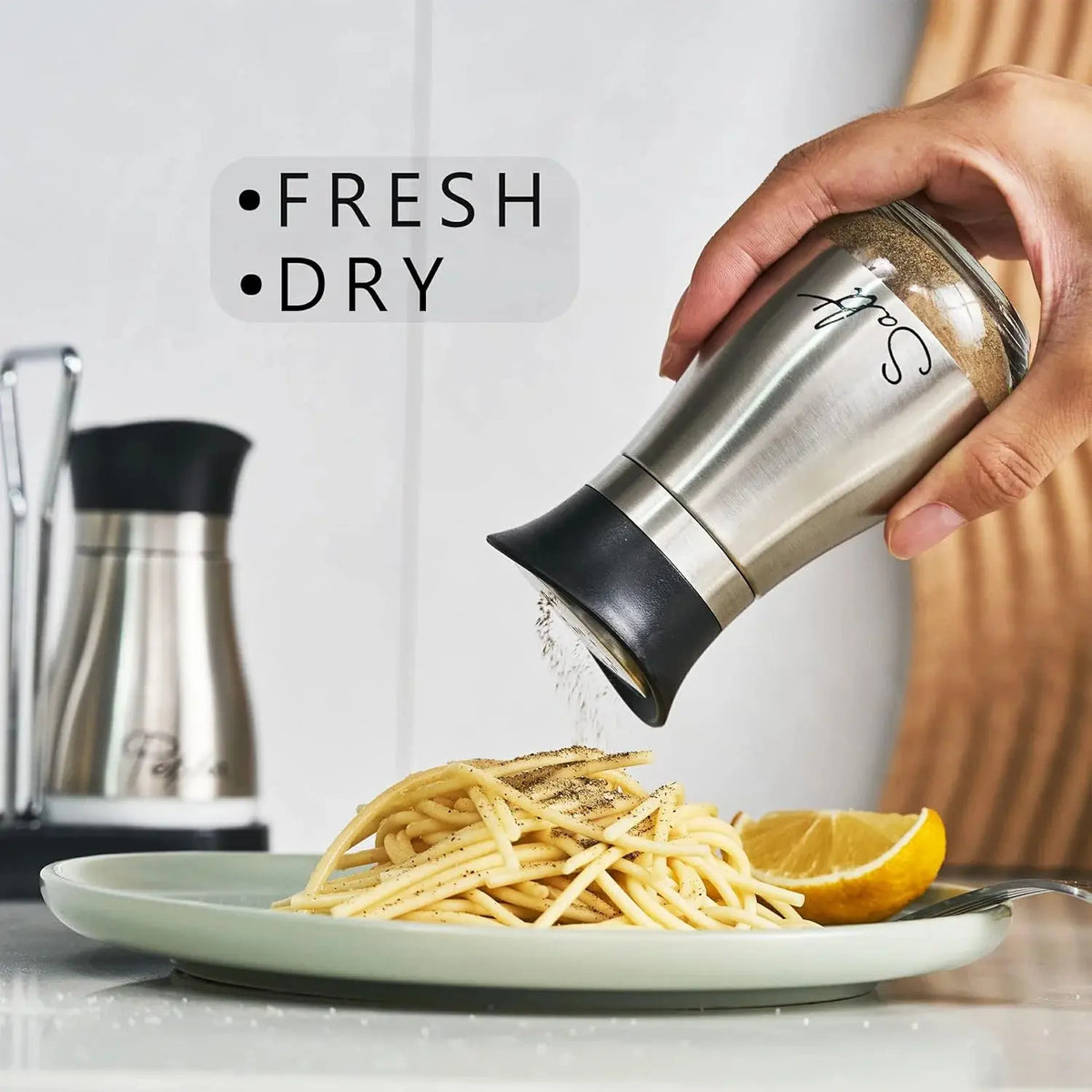 Salt and Pepper Shaker Set – 2-piece set, with stand, made of stainless steel and clear glass, with a twist-open lid with lettering, for kitchen and table decoration