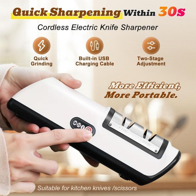 Rechargeable Electric Kitchen Knife Sharpener, Compact Portable Cordless Knife Sharpener with Diamonds for Steel Knives and Fruit Knife, 2 Stage Automatic Knife Sharpening Helps Restore & Polish Blades Quickly