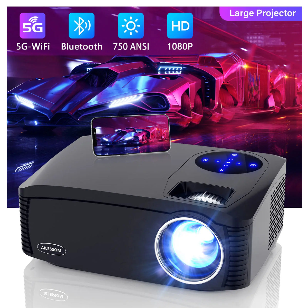 Native 1080P 5G WiFi Bluetooth Projector, AILESSOM 20000LM 450" Display Support 4K Movie Projector, High Brightness for Home Theater and Business, Compatible with iOS/Android/TV Stick/PS4/HDMI/USB/PPT