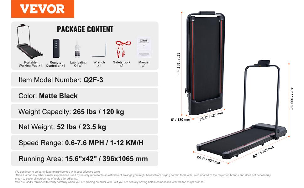 【toolupgrade】VEVOR 2-in-1 Under Desk Treadmill, 15.6"x42"/396x1065 mm Anti-Slip Surface Belt, 2.5HP Motor, 0.6-7.6 mph Walking/Run Speed, Shock Absorb, Collapseable Portable Pad, Handle Bar, Remote Control, LED Display, 265 Lbs Capacity for Home O...