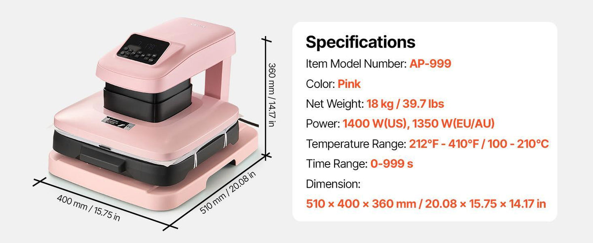 VEVOR Auto Heat Press Machine 15 x 15 inch T-Shirt Press Machine Pink, Auto Release and Adjustable Pressure, Digital Display, Rapid and Even Heating, for Sublimation, Vinyl, Heat Transfer Projects