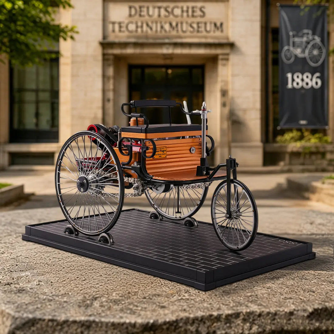 1886 3-Wheeled Car Mechanical Model Kit - 430PCS DIY Vintage Educational Science & Technology Toy with Startable Metal Engine, Gear Drive