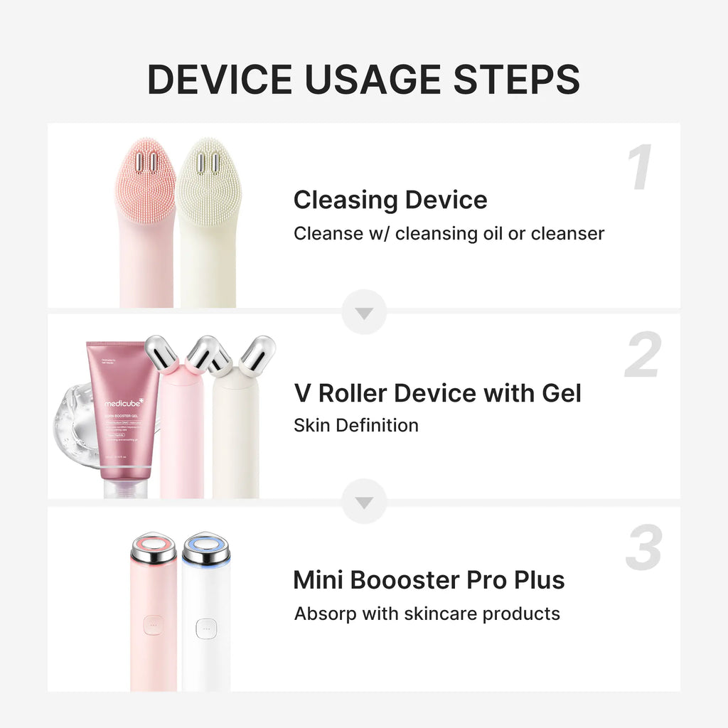 [medicube] 3-Step At-Home Spa Set - Pink / Beige ㅣMini Booster Pro Plus + Booster Facial Cleansing Device Head + Booster Face Roller HeadㅣK-beauty Facial Device for deep gentle cleansing, plump-looking appearance, puffiness, skin relaxion