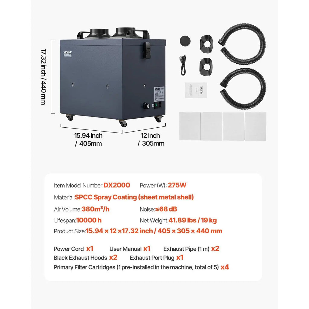 VEVOR Soldering Fume Extractor with Dual Hoses, 275W Brushless Solder Smoke Absorber with 4-Stage Filters & 10 Speeds, 380m³/h Strong Suction Smoke Purifier for Soldering, Laser Engraving, DIY Welding