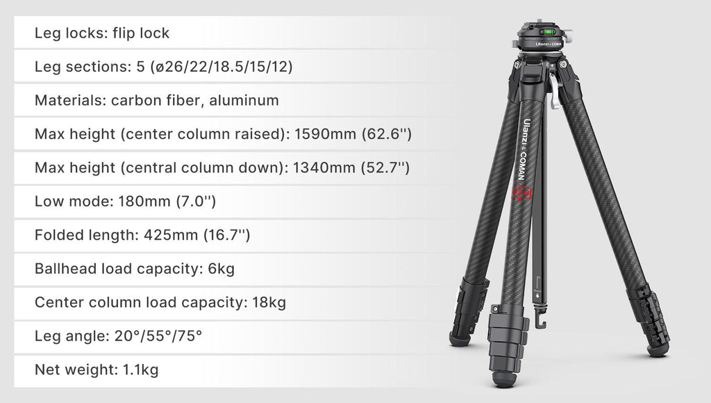Ulanzi 3028 Lightweight Carbon Fiber Foldable Combo Tripod-Monopod with Arca Swiss, 0 Y Compatibility for Standing Photography (Cameras, Phones)