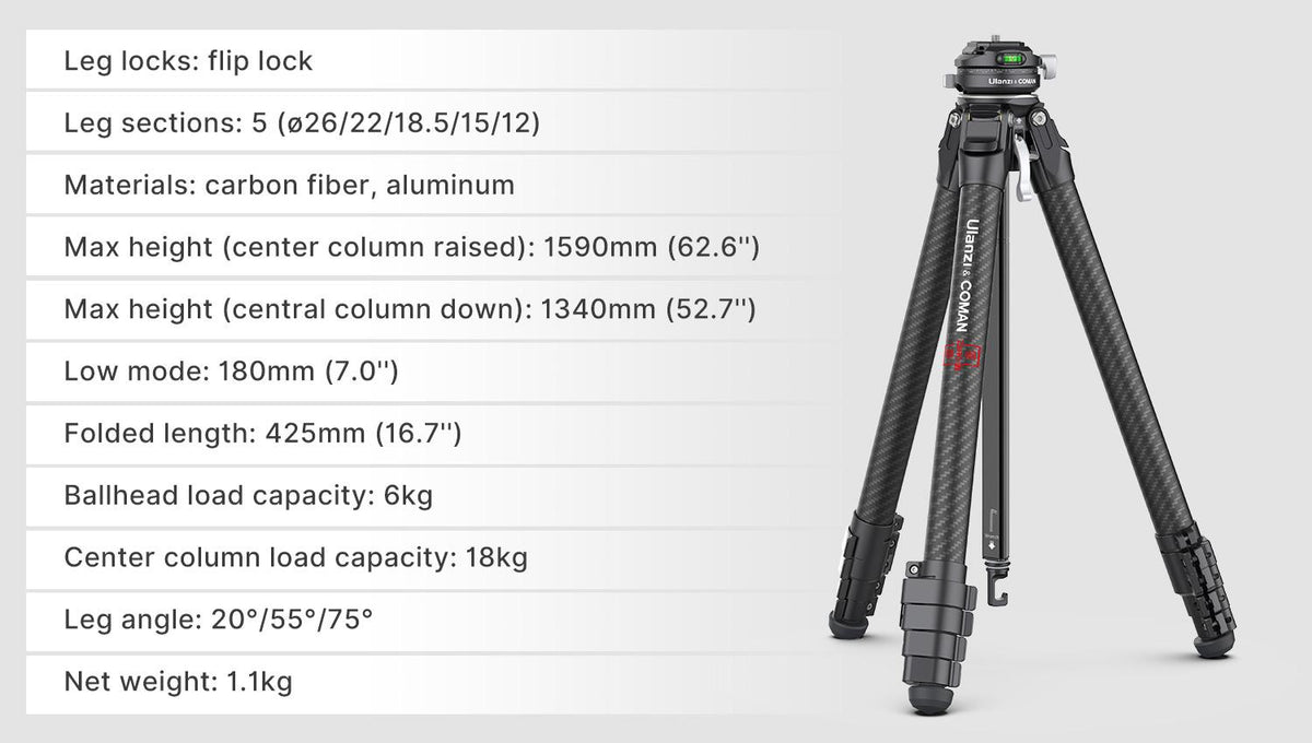 Ulanzi 3028 Lightweight Carbon Fiber Foldable Combo Tripod-Monopod with Arca Swiss, 0 Y Compatibility for Standing Photography (Cameras, Phones)