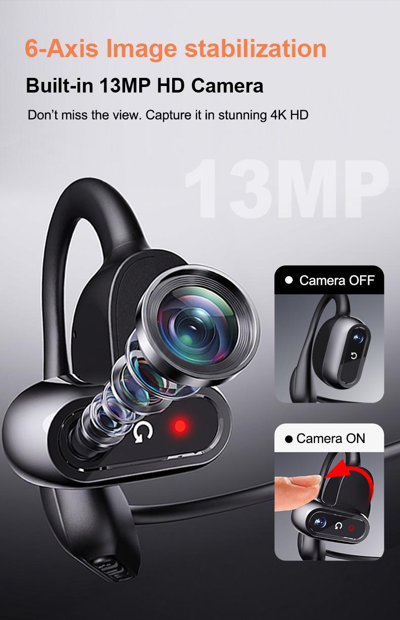 VibeLens Bone Conduction Headphones with 4K POV Camera, Hands-Free POV Video Recording, 6-Axis Image Stabilization, Open-Ear Bluetooth Sports Headset with AI Voice Assistant, Offline Music Playback, IP68 Waterproof for Swimming, Cycling and Travel